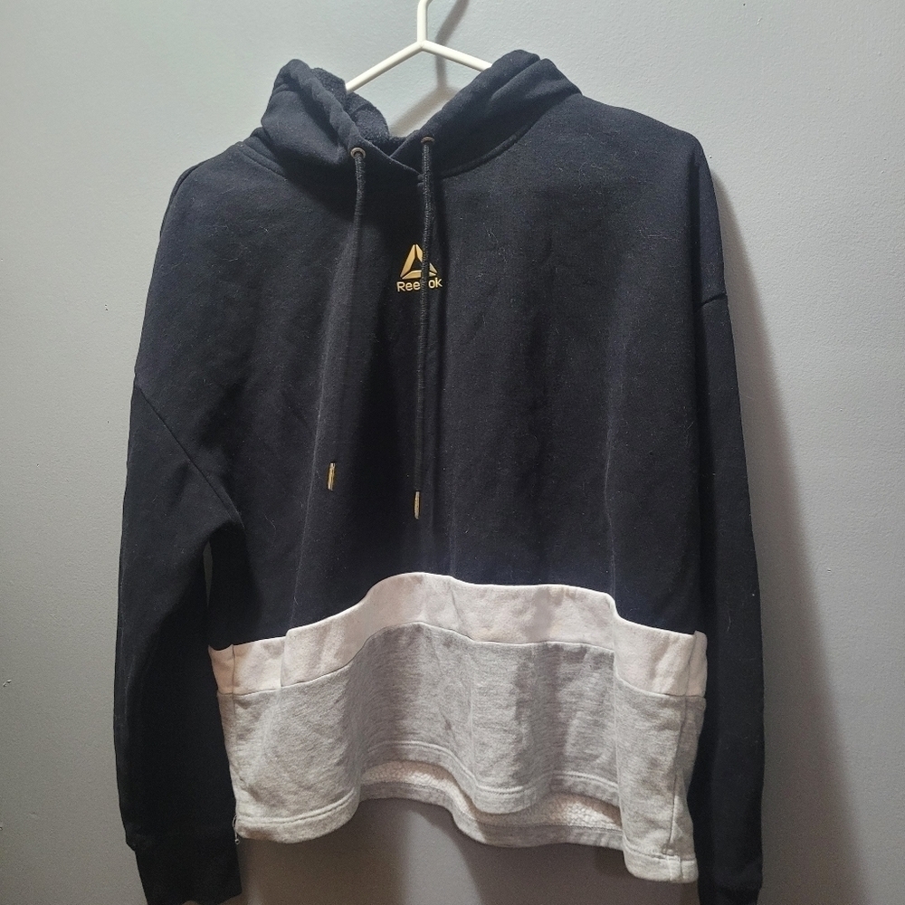 Reebok Black and Grey Cropped Hoodie L